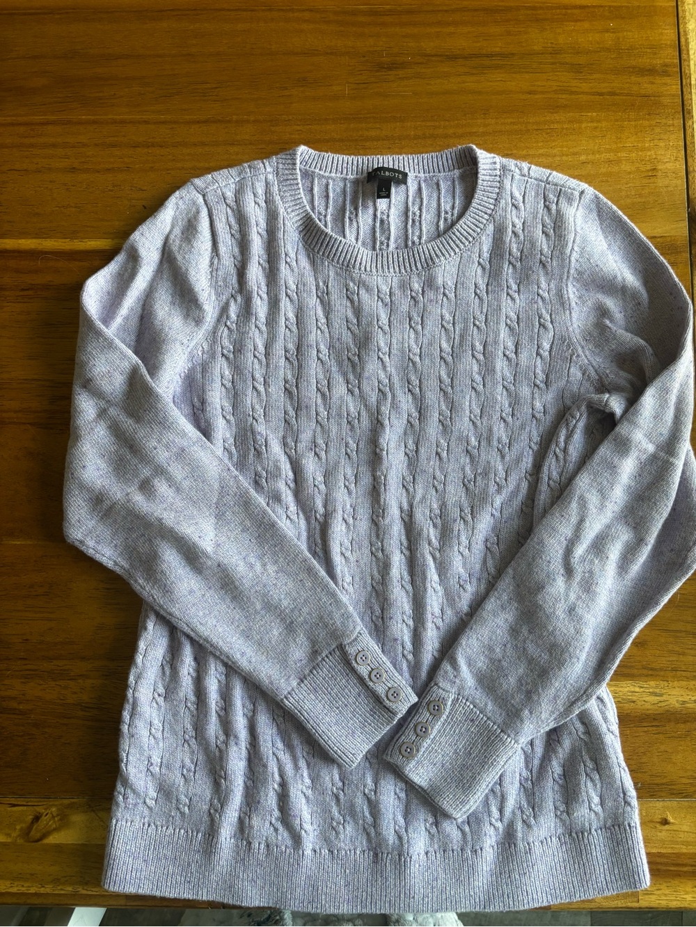 Talbots Lavender Cable-Knit Crewneck Sweater with Button Cuffs